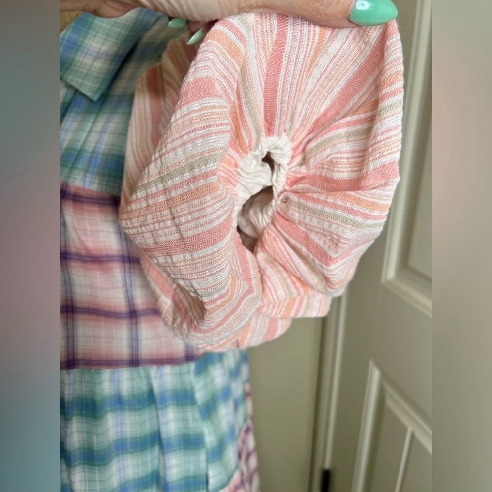 NTM: Entro Bubble Sleeve Blue, Green, Pink & White Plaid Lined Mini Dress Sz L - Picture 8 of 14